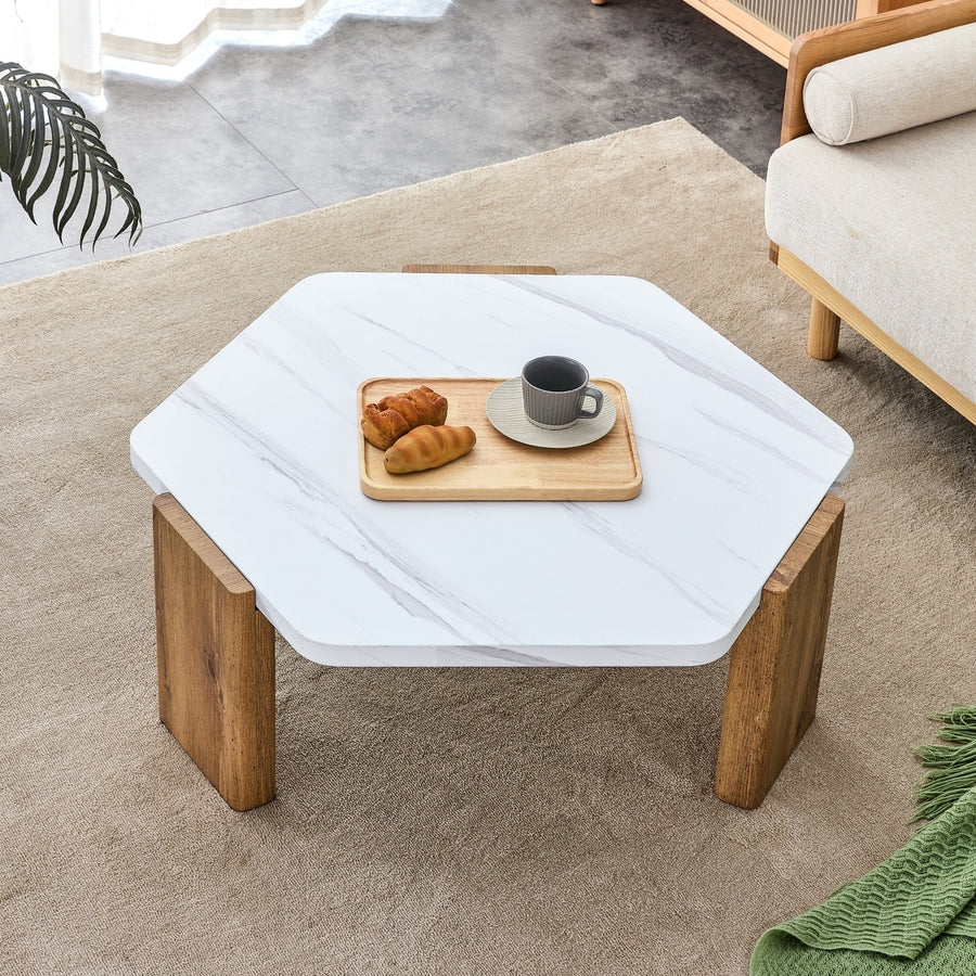 Modern MDF Coffee Table White Top Wooden Legs Living Room Guest Room Furniture Image 1