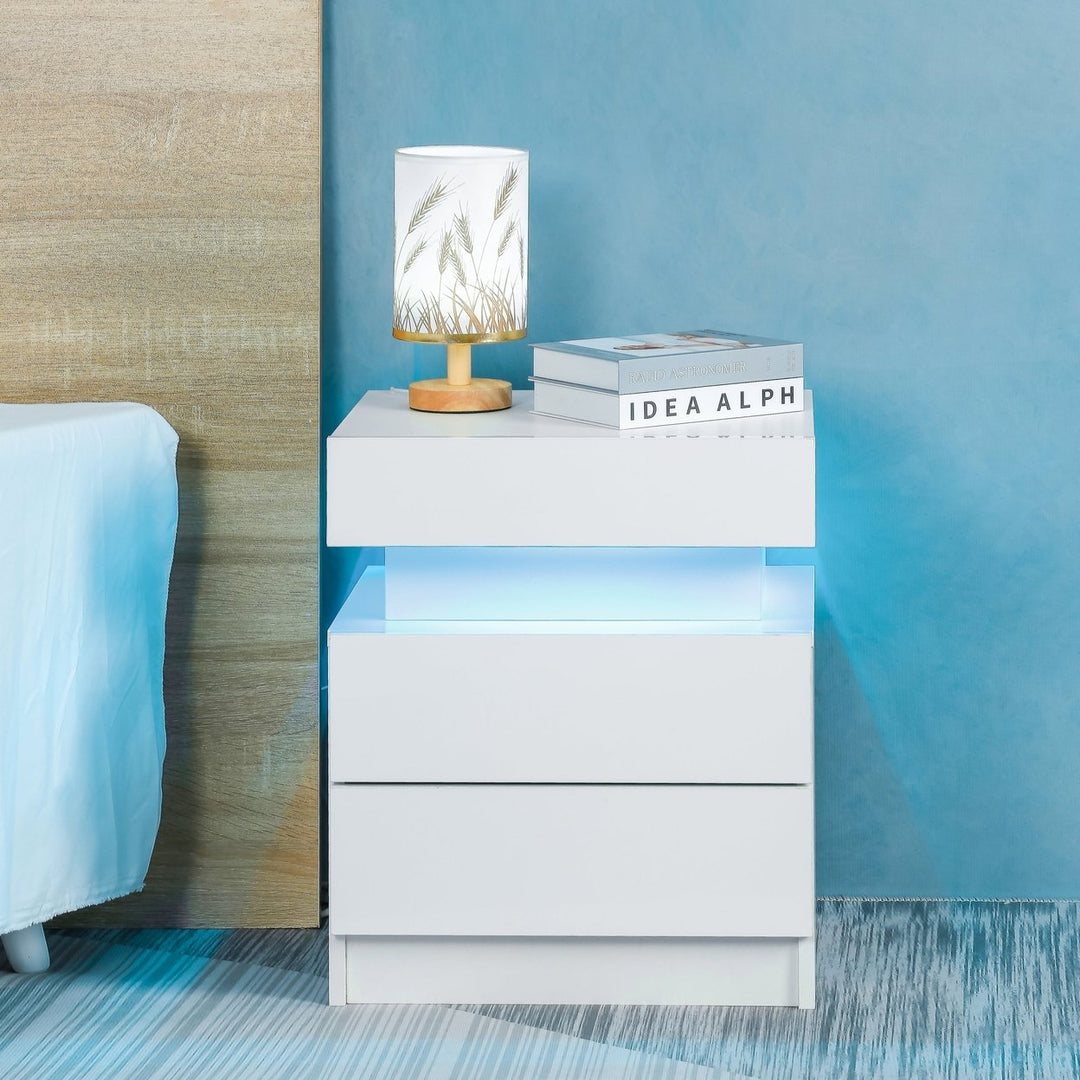 Modern LED Nightstand with Glossy Drawers White Bedside Table for Bedroom Furniture Image 5