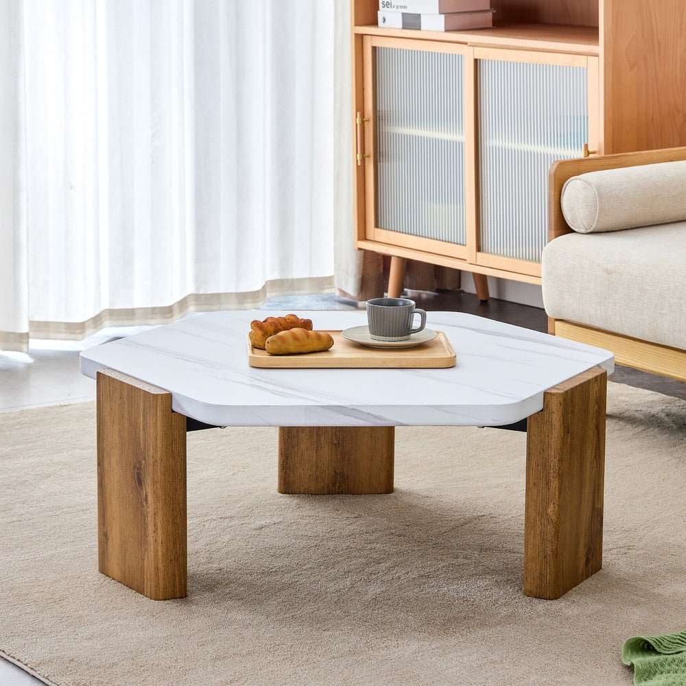 Modern MDF Coffee Table White Top Wooden Legs Living Room Guest Room Furniture Image 2