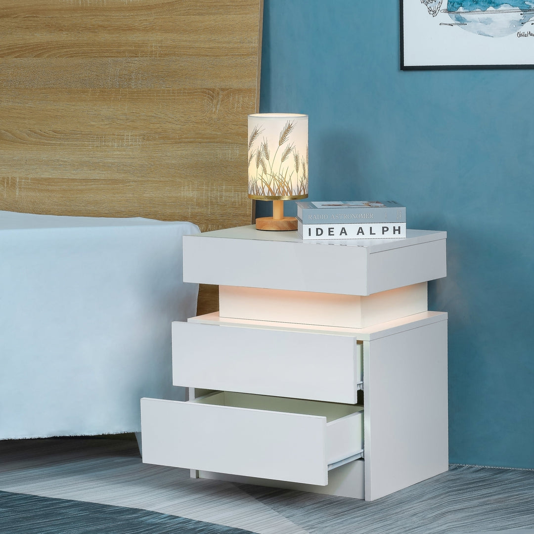 Modern LED Nightstand with Glossy Drawers White Bedside Table for Bedroom Furniture Image 6