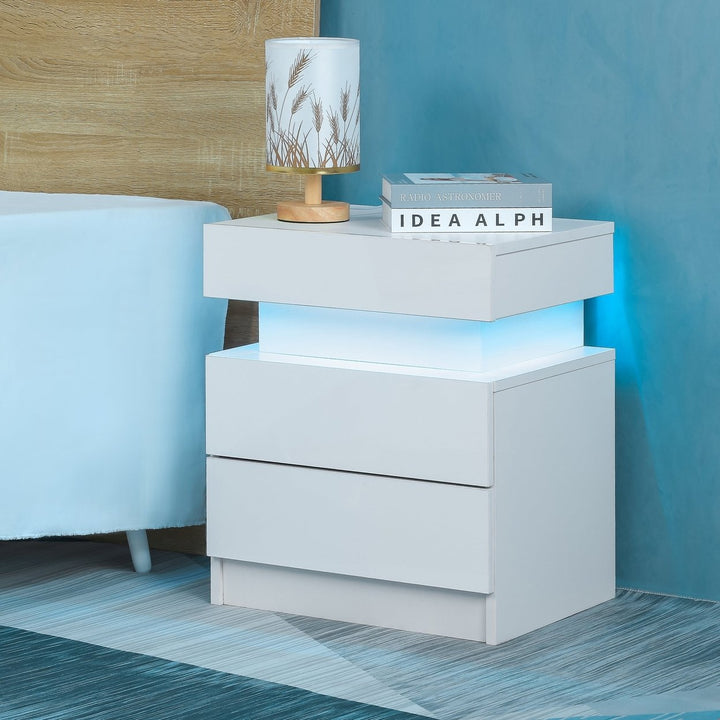 Modern LED Nightstand with Glossy Drawers White Bedside Table for Bedroom Furniture Image 7