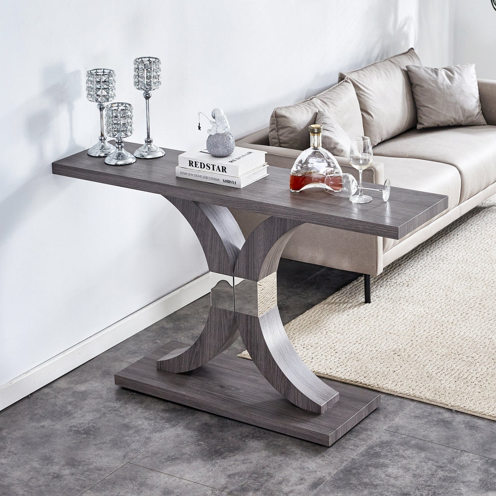 Modern Minimalist Gray Wood Foyer Table MDF Top Stainless Steel Bracket Stylish Entryway Furniture Image 2