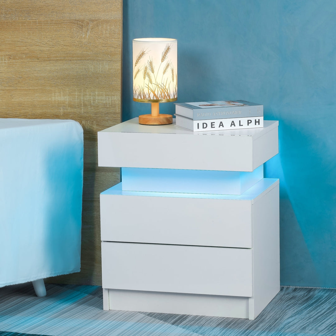 Modern LED Nightstand with Glossy Drawers White Bedside Table for Bedroom Furniture Image 8