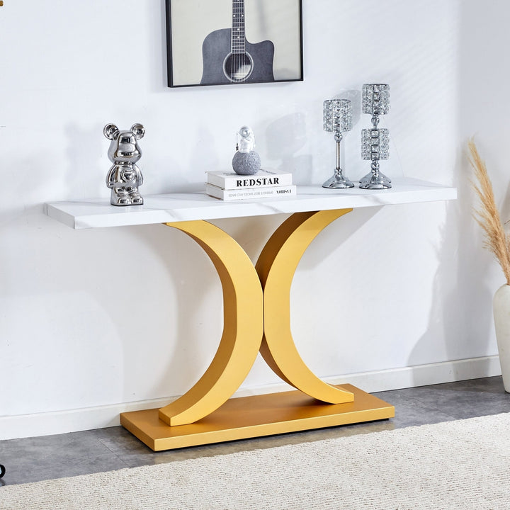 Modern Minimalist Foyer Table White Top Gold Bracket Bottom Plate Stylish Entryway Furniture Image 1