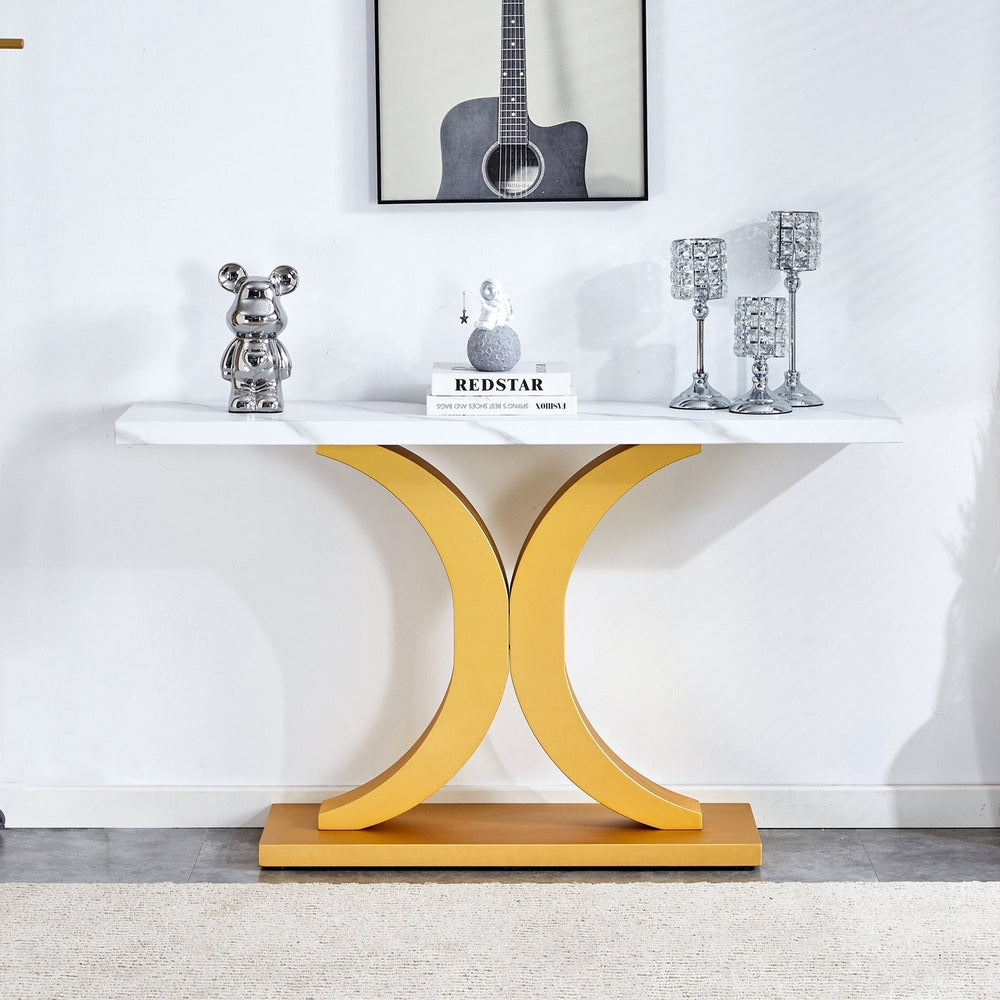 Modern Minimalist Foyer Table White Top Gold Bracket Bottom Plate Stylish Entryway Furniture Image 2