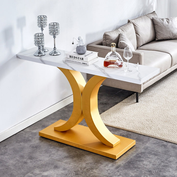 Modern Minimalist Foyer Table White Top Gold Bracket Bottom Plate Stylish Entryway Furniture Image 4