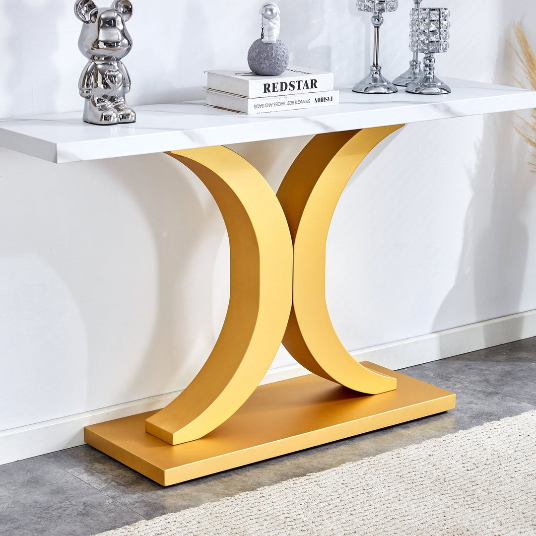 Modern Minimalist Foyer Table White Top Gold Bracket Bottom Plate Stylish Entryway Furniture Image 5