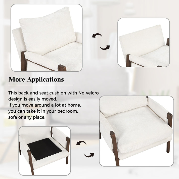 Mid-Century Modern Velvet Accent Chair Solid Wood Leisure Chair Thick Seat Cushion for Living Room Bedroom Studio White Image 8