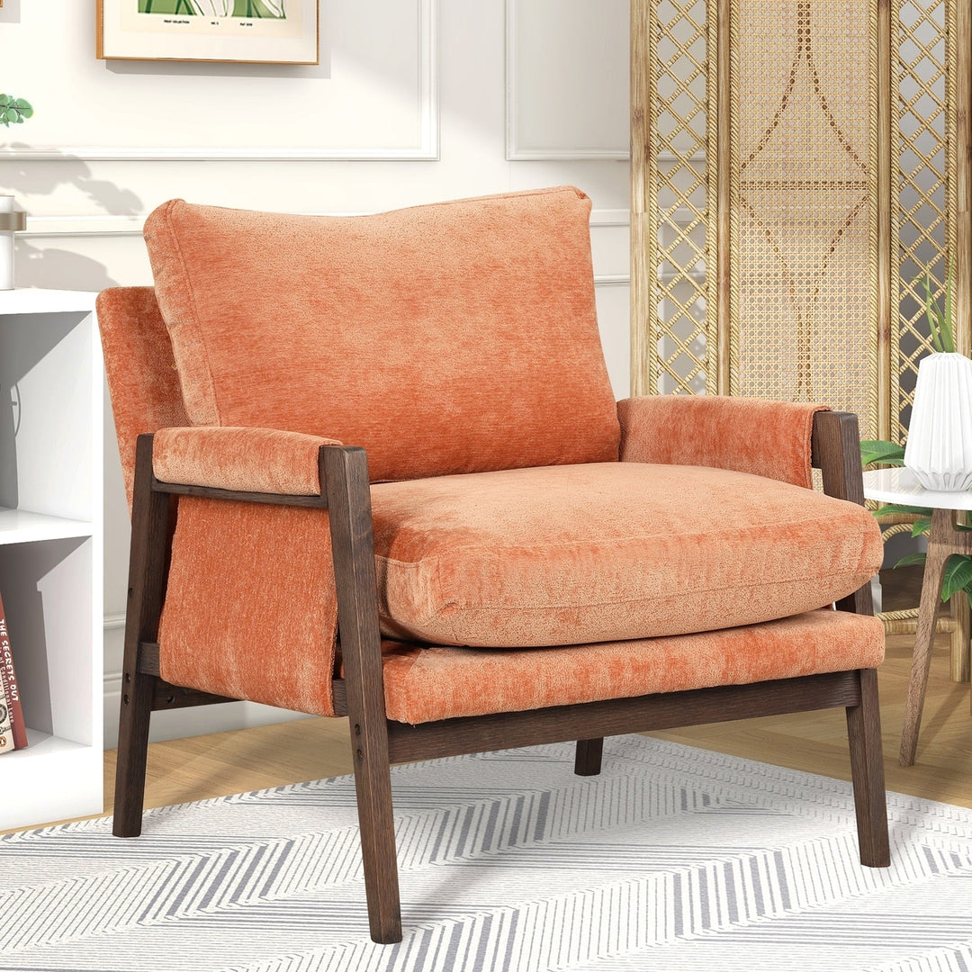 Mid-Century Modern Velvet Accent Chair Solid Wood Thick Cushion for Living Room Bedroom Studio Orange Image 3