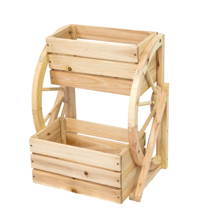 Sunnydaze 2-Tier Fir Wood Wagon Wheel Planter - Natural Image 1