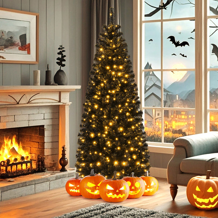 6/7 FT Pre-lit Black Christmas Tree Artificial PVC Slim Pencil Halloween Tree Image 4