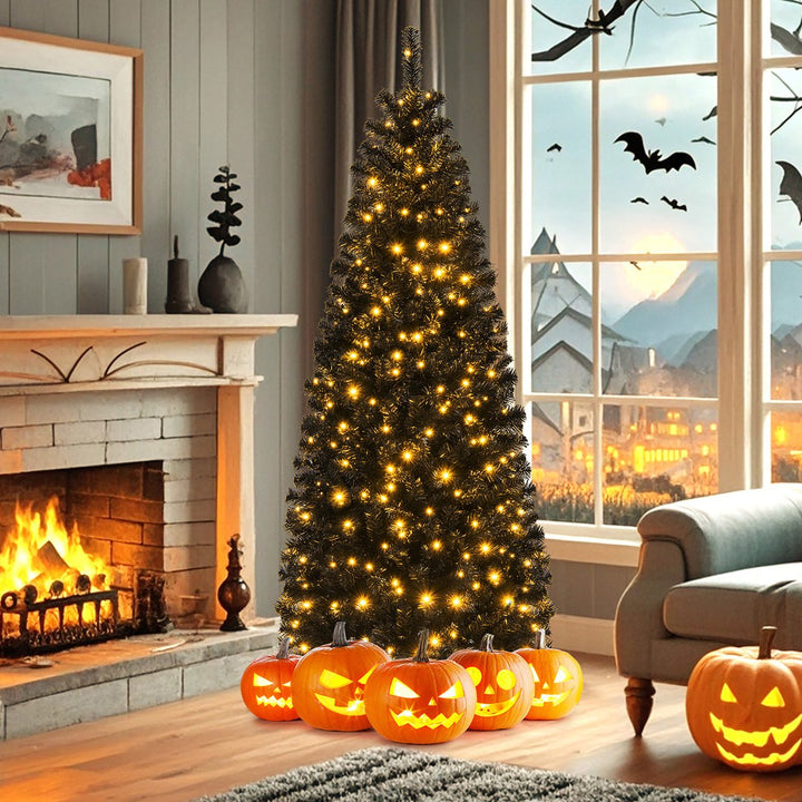 6/7 FT Pre-lit Black Christmas Tree Artificial PVC Slim Pencil Halloween Tree Image 1