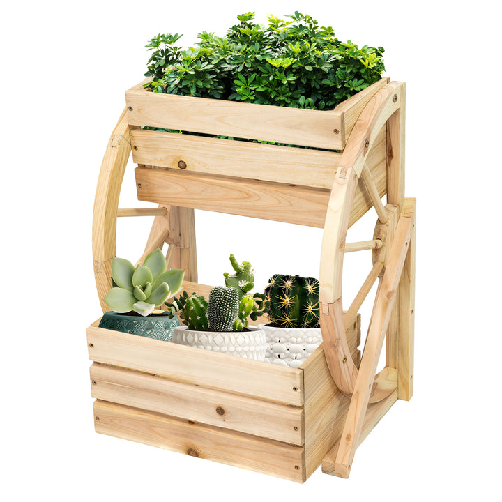 Sunnydaze 2-Tier Fir Wood Wagon Wheel Planter - Natural Image 3