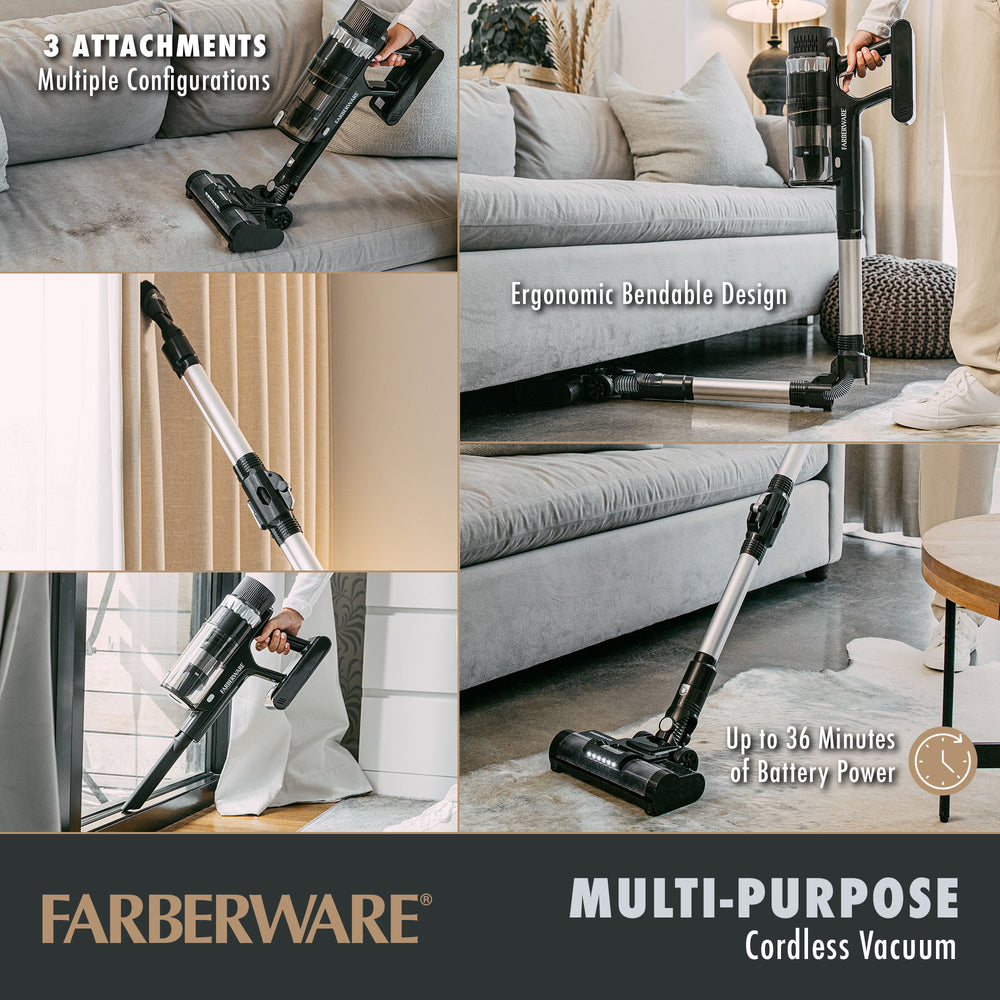 Farberware Cordless Platinum Stick Vacuum Cleaner, Smart Sensor Technology for Carpet and Hard Floors, Bendable Design, Image 2