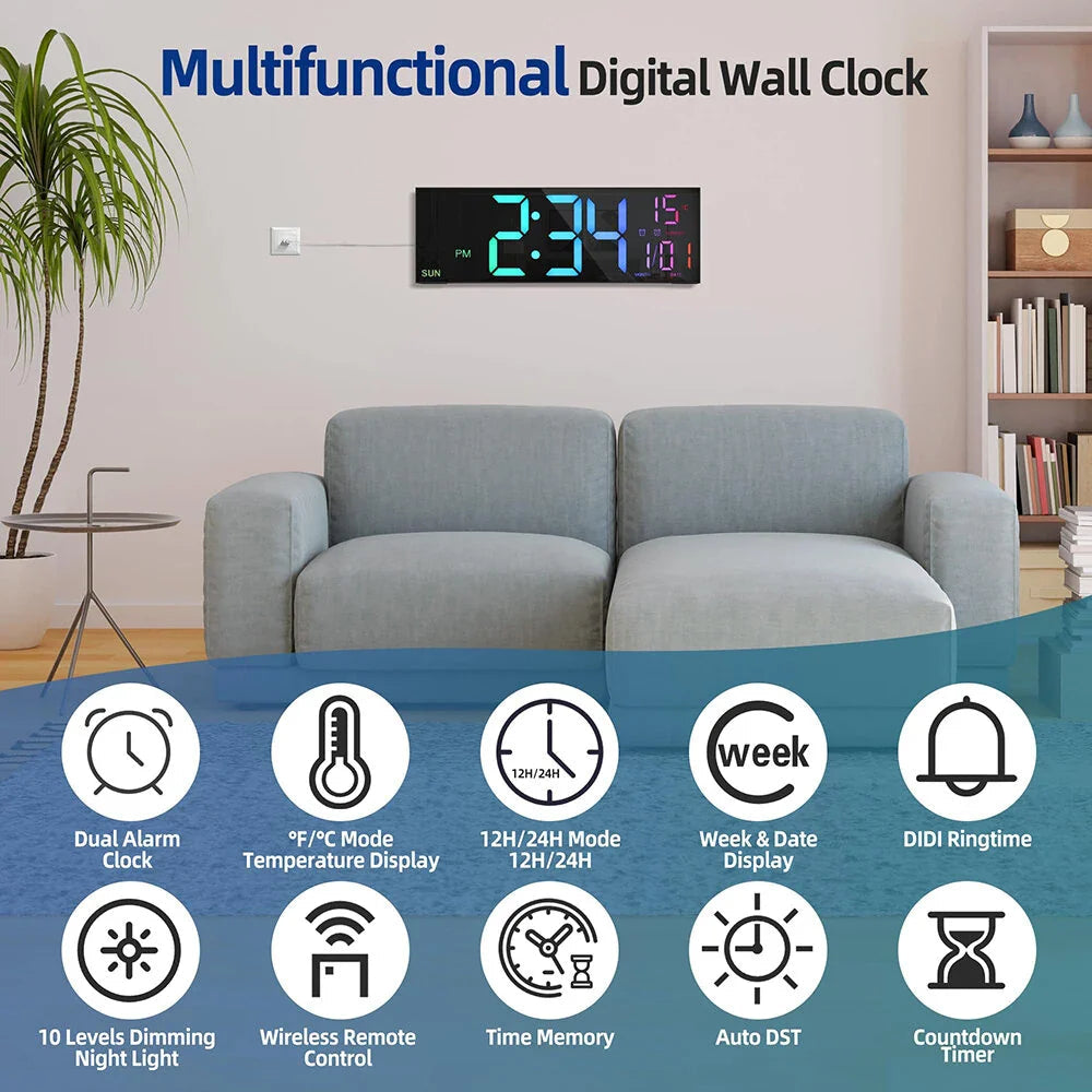 16" LED Digital Wall Clock with Remote, RGB Display, Auto Brightness, Date, Temperature - Ideal for Living Room, Image 4