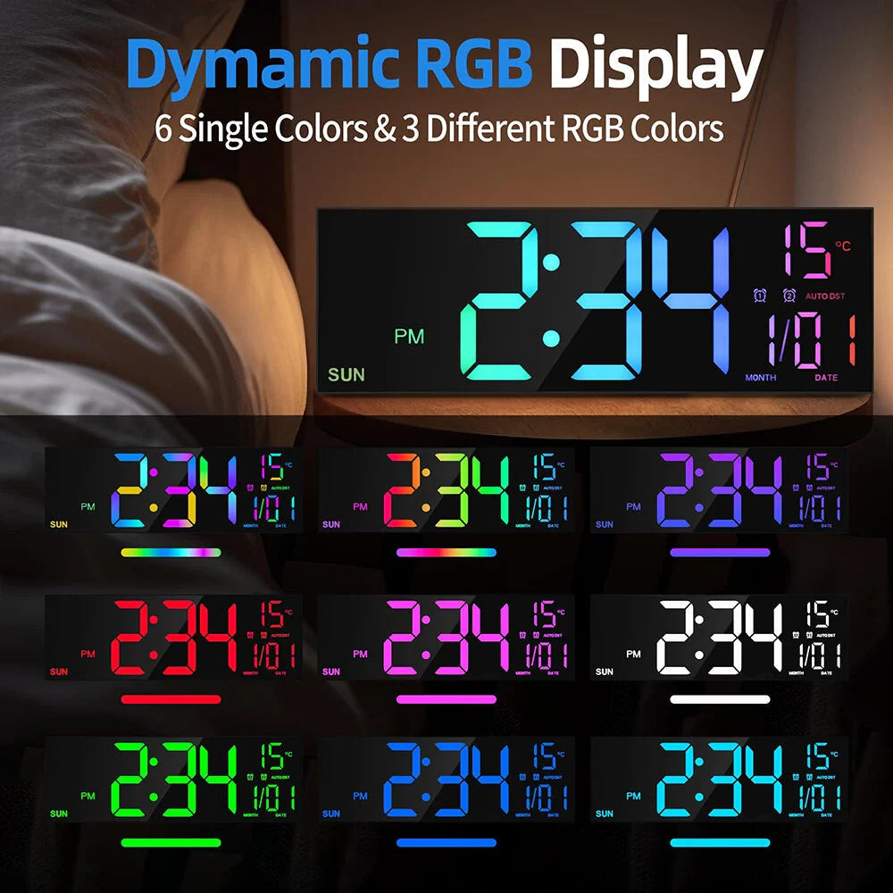 16" LED Digital Wall Clock with Remote, RGB Display, Auto Brightness, Date, Temperature - Ideal for Living Room, Image 5