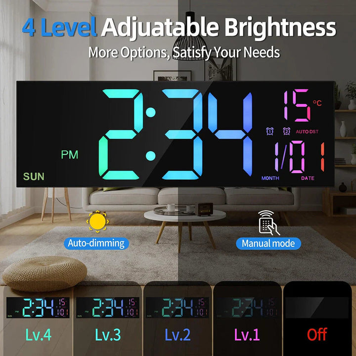 16" LED Digital Wall Clock with Remote, RGB Display, Auto Brightness, Date, Temperature - Ideal for Living Room, Image 6