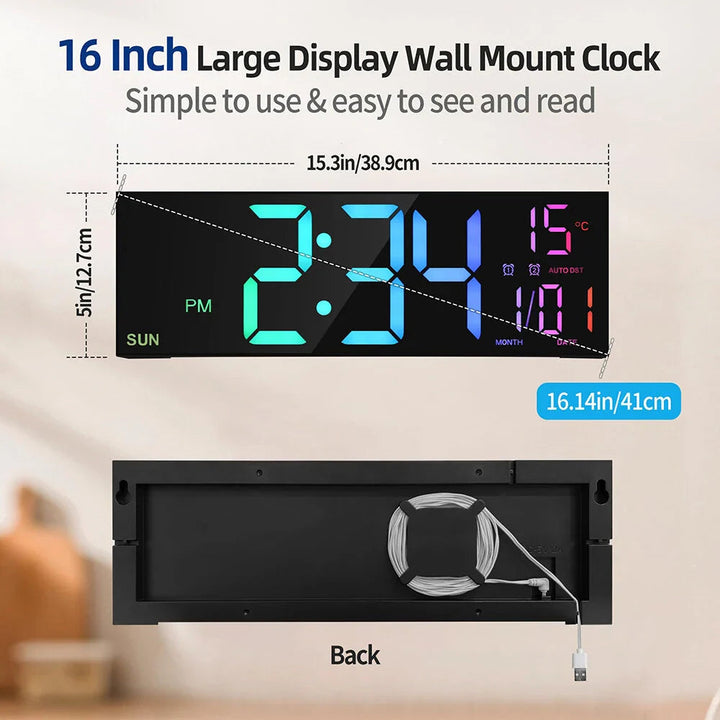 16" LED Digital Wall Clock with Remote, RGB Display, Auto Brightness, Date, Temperature - Ideal for Living Room, Image 9