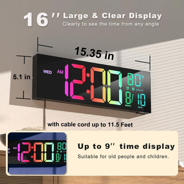 16" LED Digital Wall Clock with Remote, RGB Display, Auto Brightness, Date, Temperature - Ideal for Living Room, Image 11