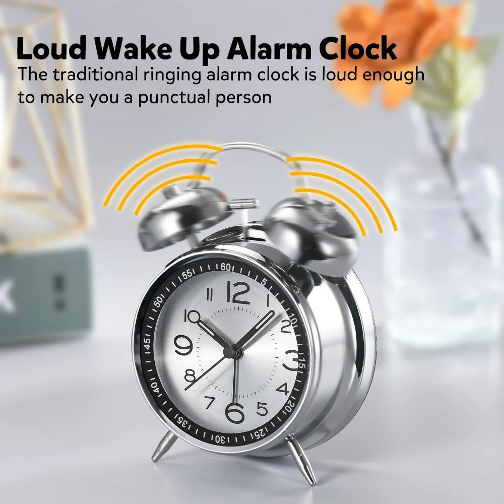 4-Inch Twin Bell Loud Alarm Clock for Heavy Sleepers - Silent, Non-Ticking Quartz with Backlight Image 8