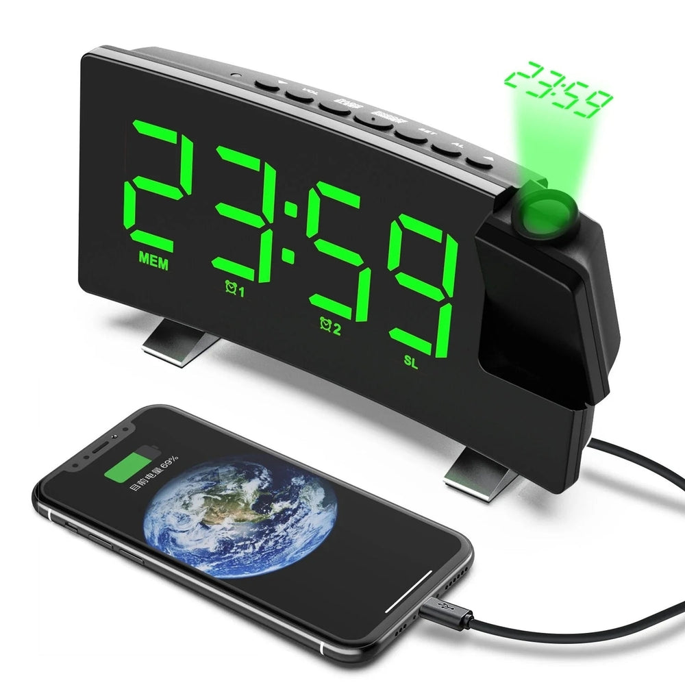 8-Inch Projection Alarm Clock with 180 Projector, FM Radio, Snooze, 3-Level Brightness, USB Charger, and Clear LED Image 2