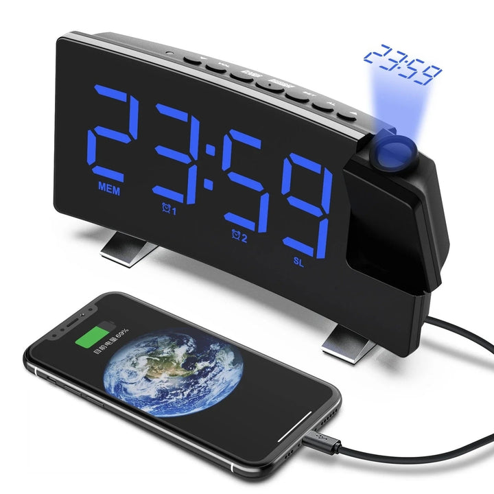 8-Inch Projection Alarm Clock with 180 Projector, FM Radio, Snooze, 3-Level Brightness, USB Charger, and Clear LED Image 3