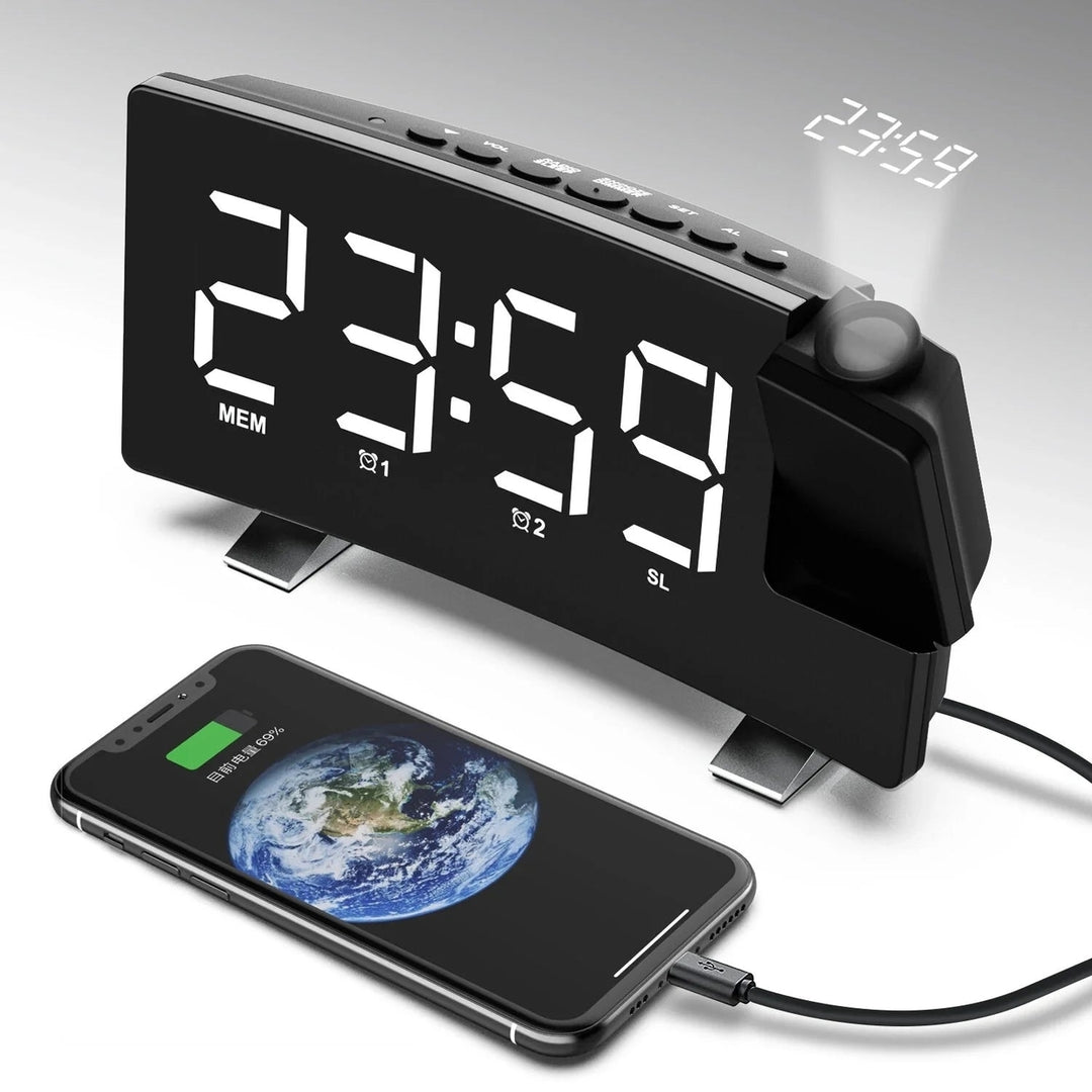 8-Inch Projection Alarm Clock with 180 Projector, FM Radio, Snooze, 3-Level Brightness, USB Charger, and Clear LED Image 4