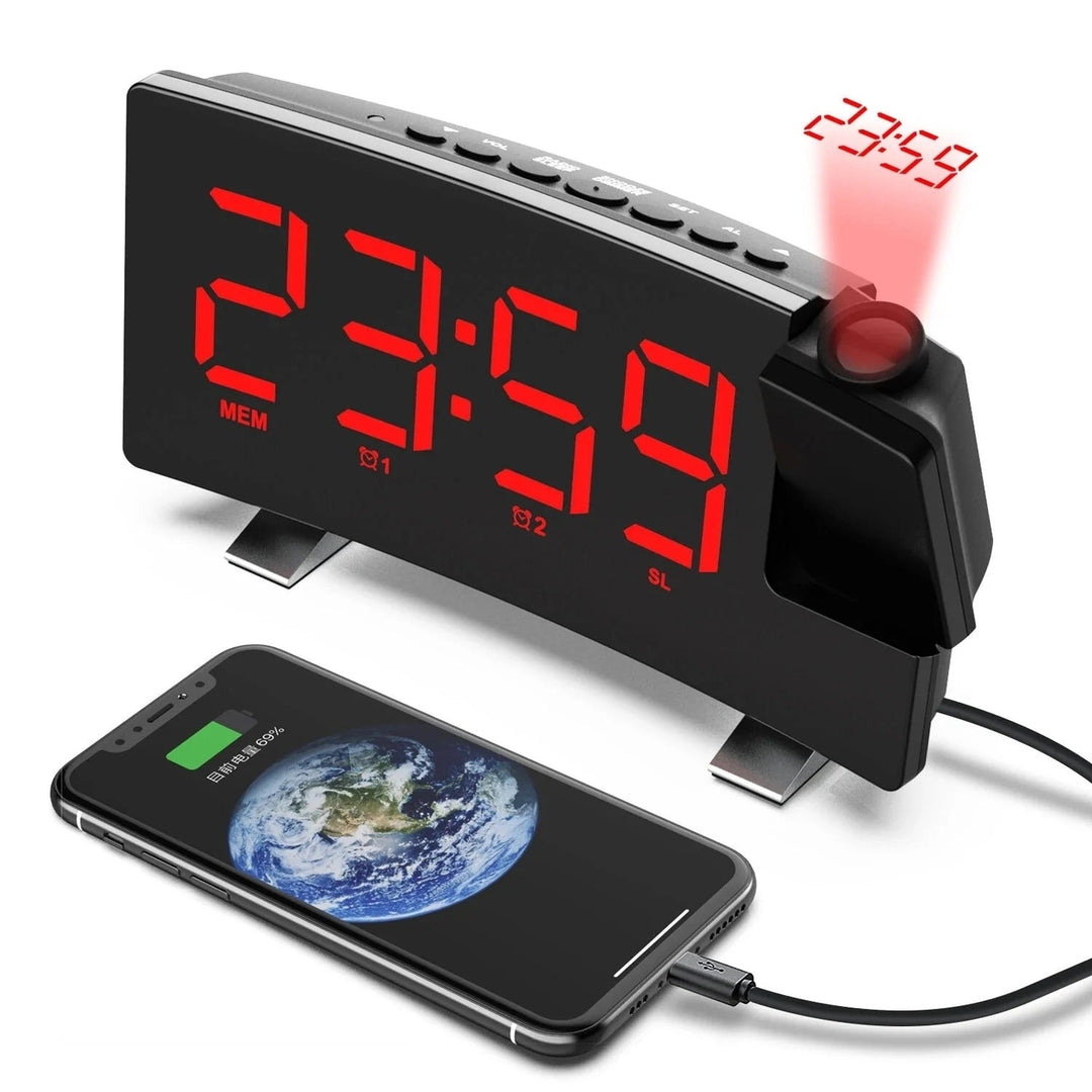 8-Inch Projection Alarm Clock with 180 Projector, FM Radio, Snooze, 3-Level Brightness, USB Charger, and Clear LED Image 5