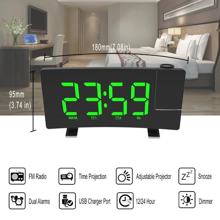 8-Inch Projection Alarm Clock with 180 Projector, FM Radio, Snooze, 3-Level Brightness, USB Charger, and Clear LED Image 6