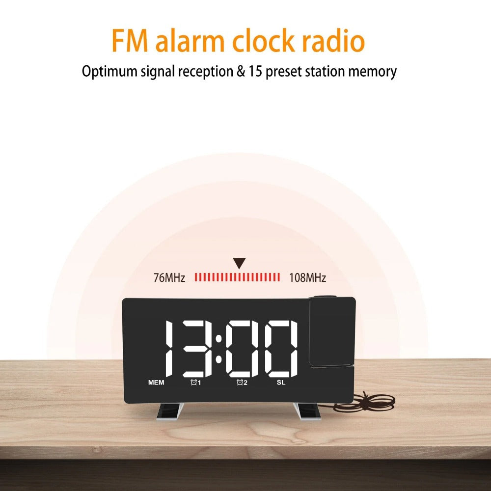 8-Inch Projection Alarm Clock with 180 Projector, FM Radio, Snooze, 3-Level Brightness, USB Charger, and Clear LED Image 9