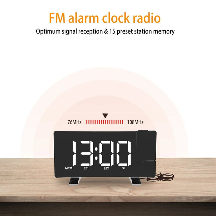 8-Inch Projection Alarm Clock with 180 Projector, FM Radio, Snooze, 3-Level Brightness, USB Charger, and Clear LED Image 9