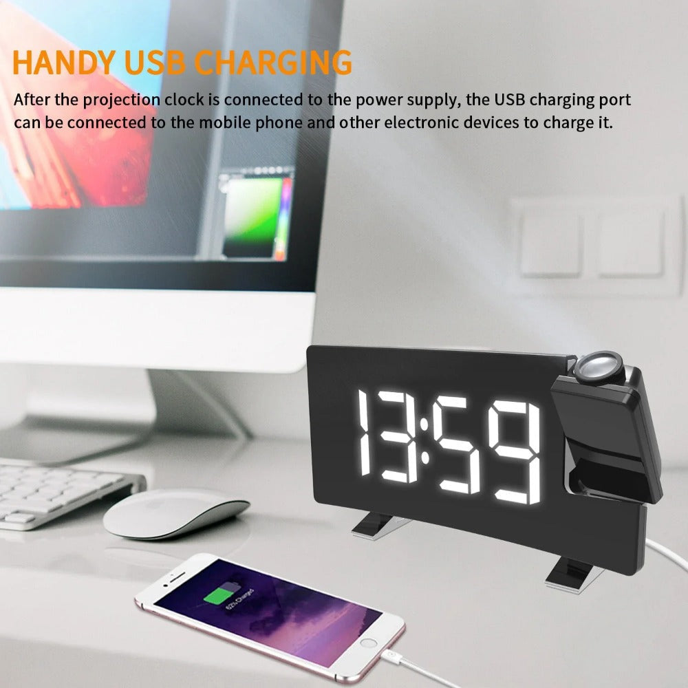 8-Inch Projection Alarm Clock with 180 Projector, FM Radio, Snooze, 3-Level Brightness, USB Charger, and Clear LED Image 12