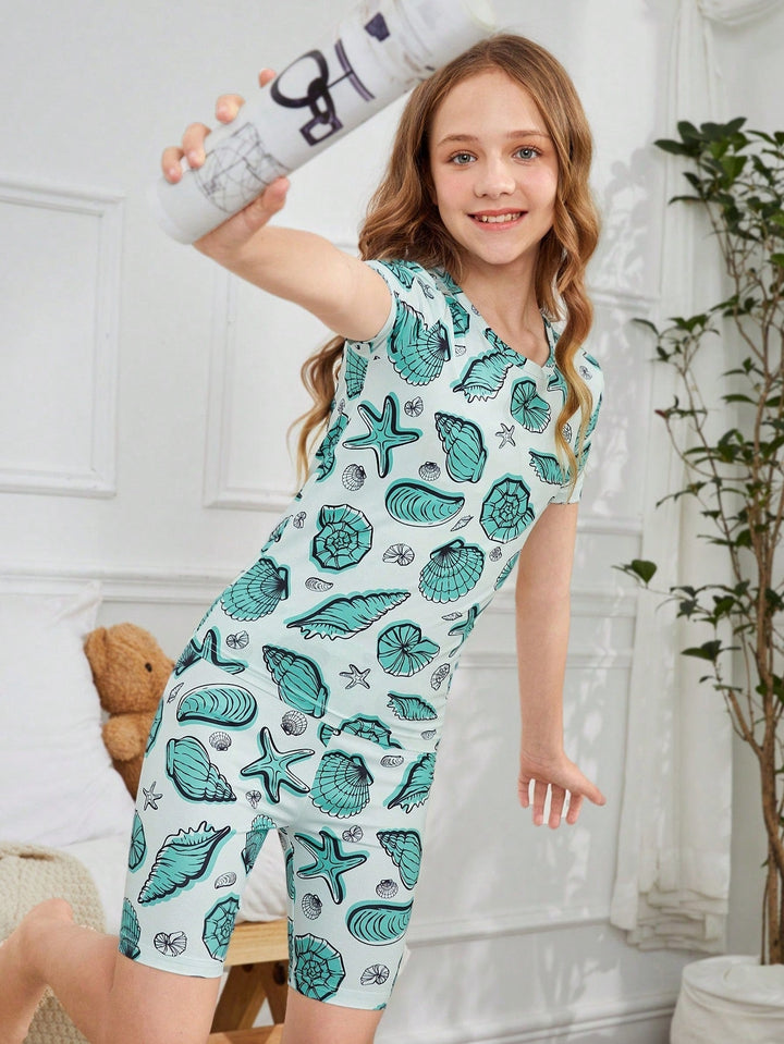 Cute Ocean Life Print Tween Girl Short Sleeve T-Shirt and Shorts Set - High Stretch, Machine Washable Image 3