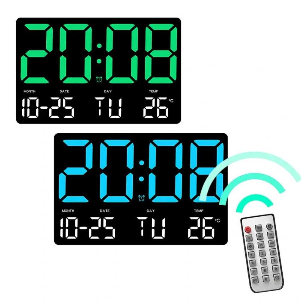 Large Digital Wall Clock with LED Display, Remote Control, Adjustable Brightness, Indoor Temperature, Date, Week, 12/24H Image 1