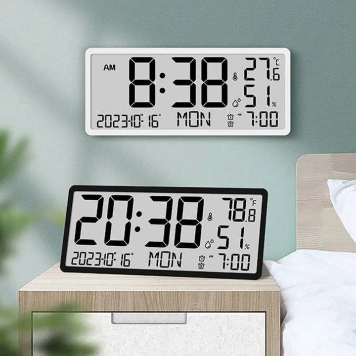 Large LCD Digital Wall Clock with Temperature and Humidity Display, Alarm, Desktop and Hanging Options for Home and Image 1