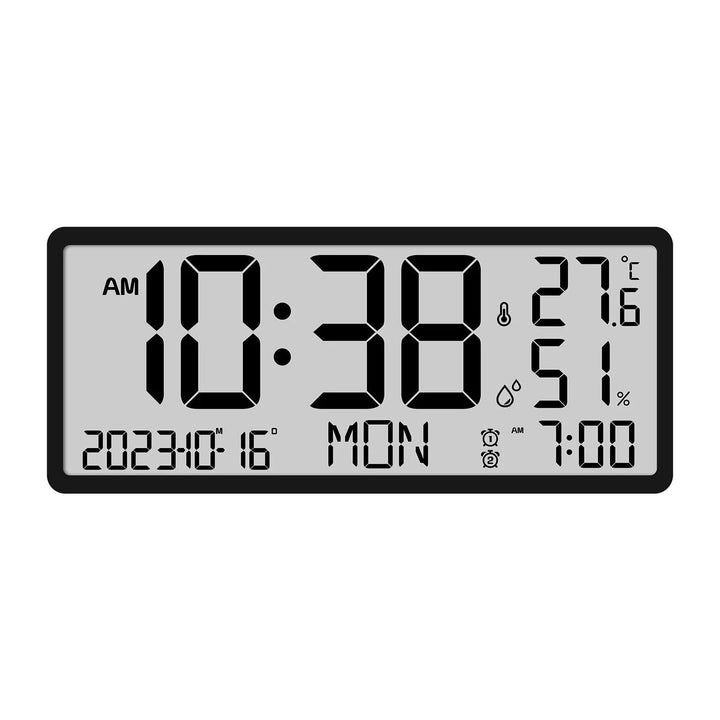 Large LCD Digital Wall Clock with Temperature and Humidity Display, Alarm, Desktop and Hanging Options for Home and Image 1