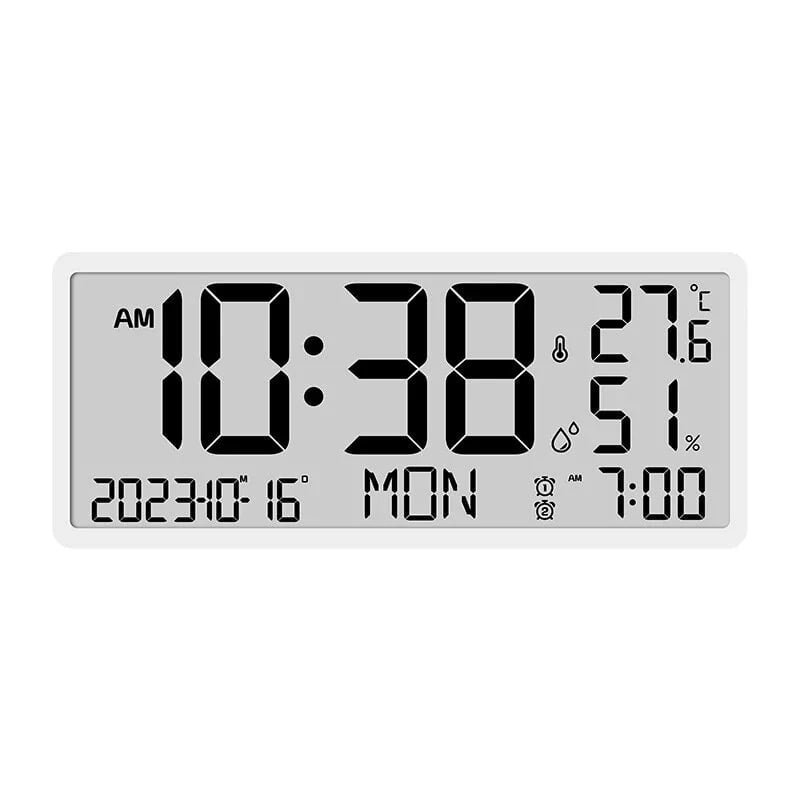 Large LCD Digital Wall Clock with Temperature and Humidity Display, Alarm, Desktop and Hanging Options for Home and Image 1