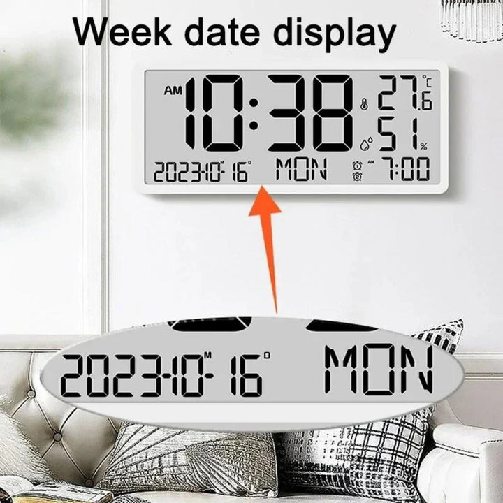 Large LCD Digital Wall Clock with Temperature and Humidity Display, Alarm, Desktop and Hanging Options for Home and Image 4