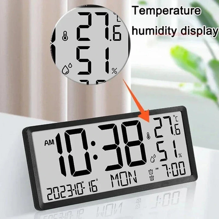 Large LCD Digital Wall Clock with Temperature and Humidity Display, Alarm, Desktop and Hanging Options for Home and Image 5