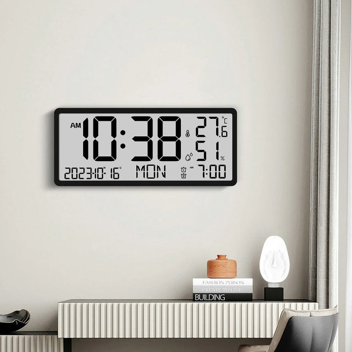 Large LCD Digital Wall Clock with Temperature and Humidity Display, Alarm, Desktop and Hanging Options for Home and Image 6