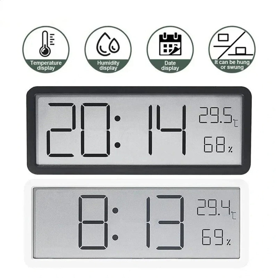 LCD Digital Wall Clock with Temperature, Humidity, and Time Display - Battery Powered Desktop Clock Image 1