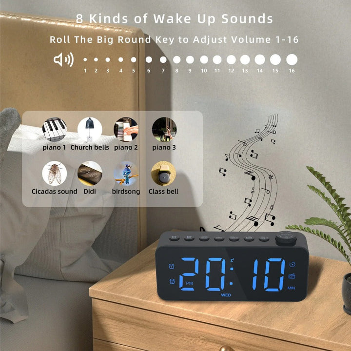 LED Digital Alarm Clock with FM Radio, Dual Alarm, Snooze, USB Charging Port, and Dimmable Night Light for Bedroom, Image 6