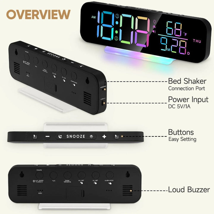 Loud Vibrating Alarm Clock with Bed Shaker for Heavy Sleepers, RGB LED Night Light for Image 5