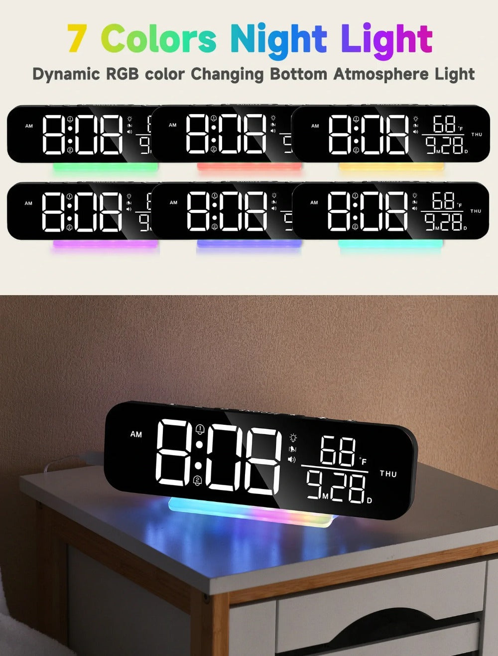 Loud Vibrating Alarm Clock with Bed Shaker for Heavy Sleepers, RGB LED Night Light for Image 7