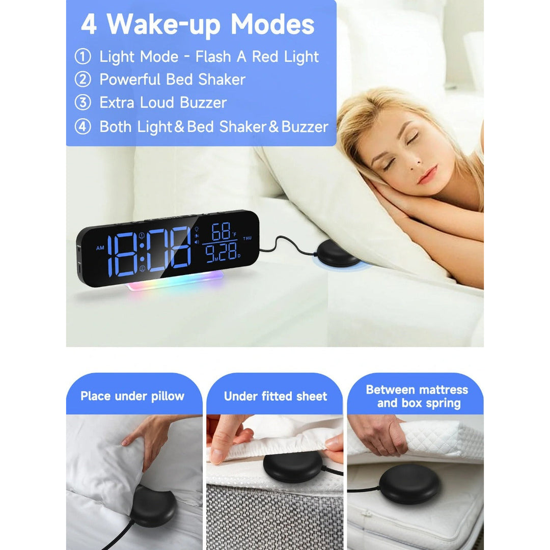 Loud Vibrating Alarm Clock with Bed Shaker for Heavy Sleepers, RGB LED Night Light for Image 9