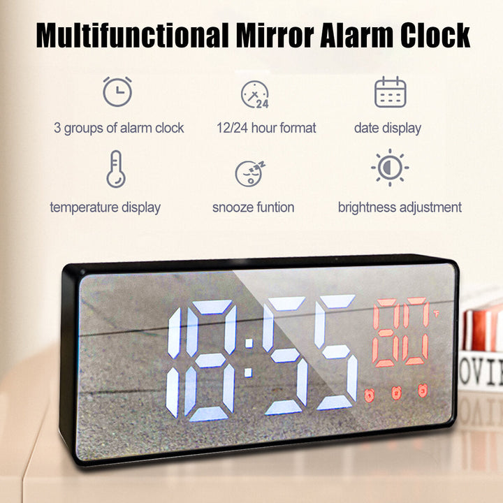 Mirror Alarm Clock LED Digital Voice Control Snooze Time Temperature Display Alarm Clock Image 9