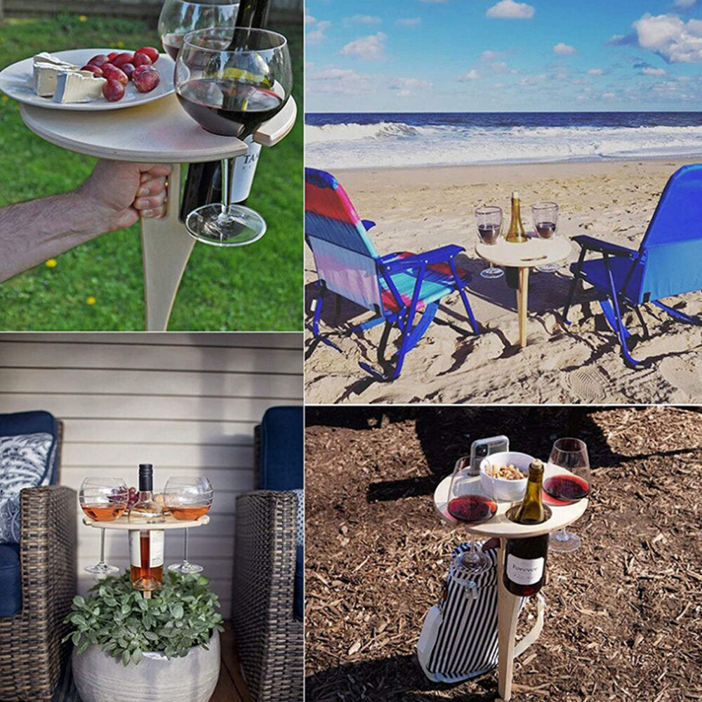 Outdoor Drink Table Mini Wooden Rack Foldable Round Desktop Easy Carry Desk Furniture Cup Glass Holder Picnic Table Image 7