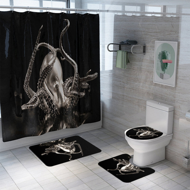 Octopus Waterproof Bathroom Shower Curtain Set Toilet Bathtub Non-slip Mat Set Image 2