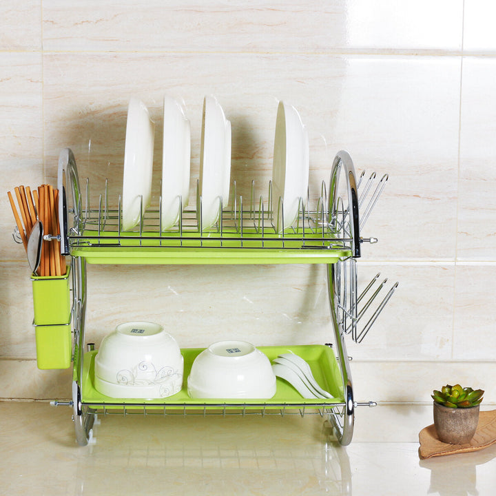 Organizer Holder Stainless Steel Cutlery Dish Cup Kitchen Organizer Drying Rack Holder Dryer 2 Tiers Drainer Tray Image 5