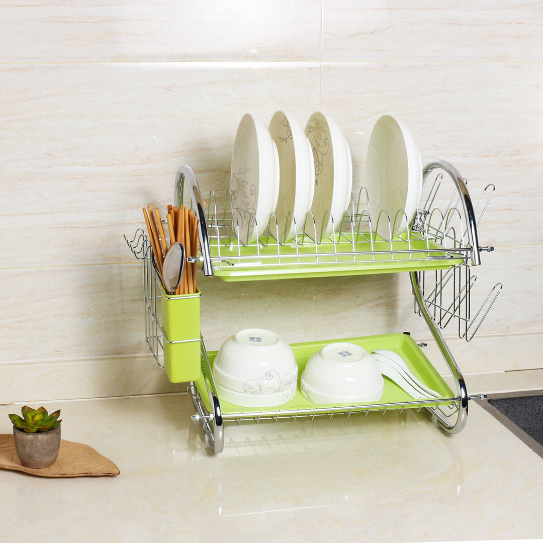 Organizer Holder Stainless Steel Cutlery Dish Cup Kitchen Organizer Drying Rack Holder Dryer 2 Tiers Drainer Tray Image 6